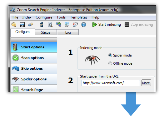 The spider start URL is the location where the spider will begin its crawl. You can also use Offline mode to index files on your local hard disk, independent of links.